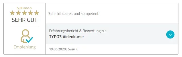 Eine Bewertung mit 5 von 5 Sternen für die TYPO3 Videokurse. Der Nutzer, Sven K., beschreibt die Kurse als sehr hilfreich und kompetent. Die Bewertung wurde am 19. Mai 2020 abgegeben.