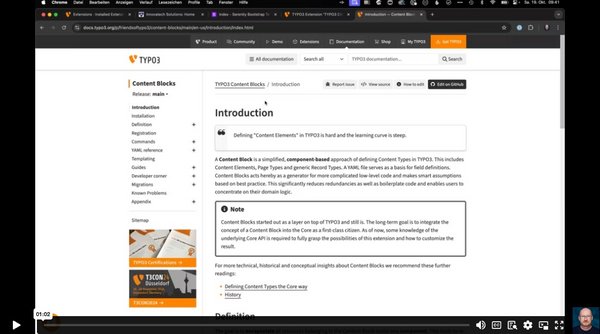 Die Abbildung zeigt die Einführung in die TYPO3 Content Blocks-Dokumentation. Der Text erklärt die Definition von "Content Elements" in TYPO3 und hebt die Herausforderungen sowie den vereinfachten, komponentenbasierten Ansatz zur Erstellung von Inhaltselementen hervor.