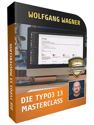 Ein Buchcover für eine Masterclass über TYPO3 13 von Wolfgang Wagner. Auf dem Cover ist ein Computerbildschirm zu sehen, der die TYPO3-Oberfläche zeigt. Darüber steht der Titel „Die TYPO3 13 Masterclass“.