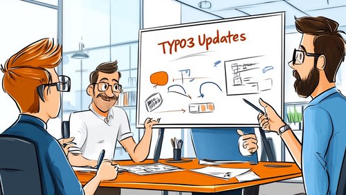 Eine Gruppe von vier Personen in einem Besprechungsraum diskutiert über TYPO3-Updates. Ein Mann zeigt auf ein Flipchart mit Diagrammen und Notizen. Die anderen Teilnehmer hören aufmerksam zu und machen sich Notizen. Der Raum ist hell und modern eingerichtet.