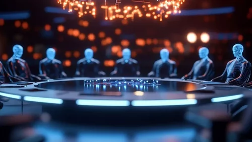 Eine futuristische, runde Konferenztafel umgeben von stilisierten, humanoiden Figuren mit leuchtenden, drahtartigen Umrissen. Die Atmosphäre ist düster und technologisch, mit schimmernden Lichtern, die eine spannende Besprechung andeuten.