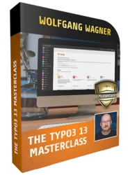 Ein Buchcover zur TYPO3 13 Masterclass von Wolfgang Wagner. Es zeigt einen Computerbildschirm mit der TYPO3-Oberfläche. Die Unterseite des Covers ist orange und enthält den Titel „THE TYPO3 13 MASTERCLASS“ sowie ein Abzeichen mit dem Wort „Masterclass“.