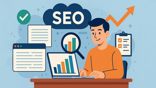 Ein Mann sitzt an einem Schreibtisch vor einem Laptop, auf dem Diagramme und Texte angezeigt werden. Der Begriff „SEO“ und Symbole wie ein Häkchen sowie eine wachsende Pfeilanzeige sind im Hintergrund sichtbar. Die Szene vermittelt das Thema Suchmaschinenoptimierung und Datenanalyse.