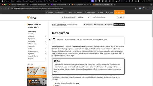 Die Abbildung zeigt eine Webseite mit Informationen zu TYPO3 Content Blocks. Der Text erklärt die Definition und das Konzept von Content Blocks in TYPO3, betont die Komplexität und den Lernaufwand und gibt Hinweise zur Integration in TYPO3. Weitere technische Ressourcen werden empfohlen.