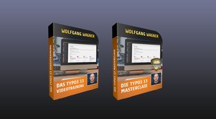 Zwei Software-Schulungsboxen von Wolfgang Wagner. Links: "Das TYPO3 13 Videotraining", rechts: "Die TYPO3 13 Masterclass". Beide zeigen einen Computerbildschirm mit der TYPO3-Oberfläche und ein Bild des Dozenten unterhalb der Titel.