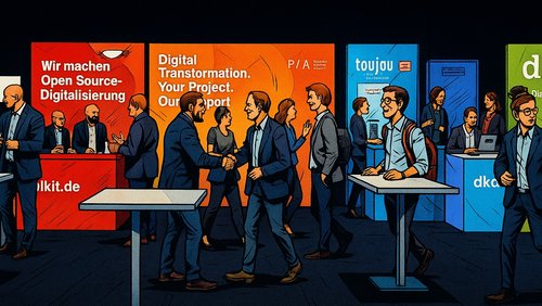 Eine Gruppe von Geschäftsleuten in Anzug und Krawatte interagiert an einem Messeevent, während sie an verschiedenen Informationsständen stehen. Die Stände präsentieren digitale Transformationslösungen, Open Source-Digitalisierung und verwandte Dienstleistungen. Die Atmosphäre ist geschäftig und fördert den Austausch zwischen den Teilnehmern.