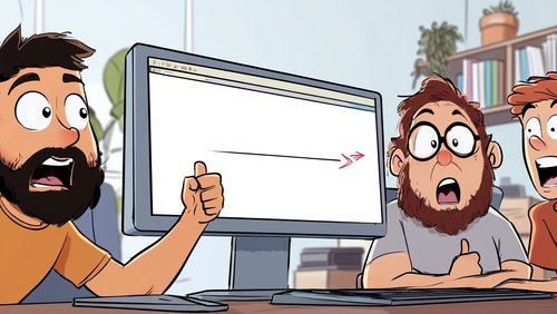 Drei überrascht aussehende Männer sitzen vor einem Computer. Einer zeigt mit dem Finger auf den Bildschirm, auf dem sich eine leere Seite mit einem Pfeil befindet. Ihre Gesichtsausdrücke vermitteln Schock oder Staunen über etwas, das sie sehen.