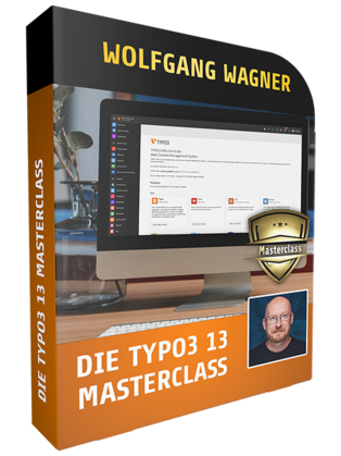 Eine Buchverpackung für die "TYPO3 13 Masterclass" von Wolfgang Wagner. Im Hintergrund ist ein Computerbildschirm mit der Benutzeroberfläche von TYPO3 zu sehen. Das Design enthält ein "Masterclass"-Abzeichen und ein Foto des Kursanbieters.