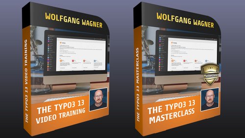 Das Bild zeigt zwei Verpackungen für Online-Schulungen von TYPO3 13. Auf der linken Seite steht „The TYPO3 13 Video Training“ und auf der rechten Seite „The TYPO3 13 Masterclass“. Beide Verpackungen zeigen einen Computerbildschirm mit einer Benutzeroberfläche für ein Content-Management-System.