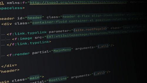 Ein Screenshot von HTML-Code, der Elemente wie Header, Links und Klassen zur Strukturierung einer Website zeigt. Der Code enthält spezifische Anweisungen für das Rendering von Menüs und Bildern in einem Webdesign-Framework.