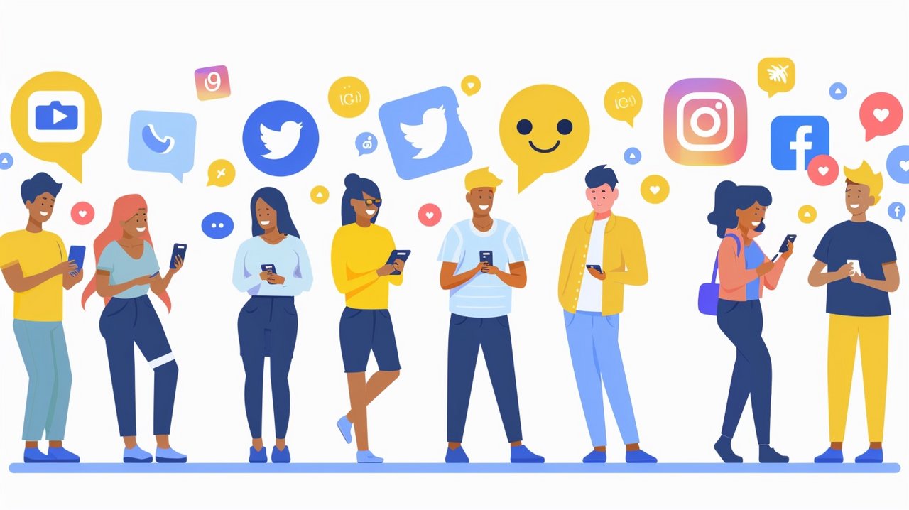 Illustration von Menschen unterschiedlicher Altersgruppen, die mit ihren Smartphones auf Social Media Plattformen interagieren. Symbole für Facebook, Twitter und Instagram schweben um sie herum und zeigen die Stärke und Reichweite von Social Media.