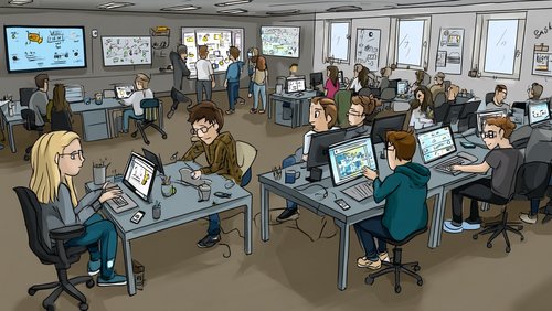 Eine große, offene Büroumgebung mit vielen Tischen, an denen Menschen arbeiten. Einige nutzen Computer, während andere an Whiteboards stehen und Ideen austauschen. Die Atmosphäre ist kollaborativ und kreativ, mit vielen Bildschirmen und Notizen im Hintergrund.