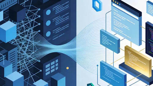 Das Bild zeigt eine digitale Darstellung, die Datenflüsse zwischen verschiedenen Elementen veranschaulicht. Links sind kubische Formationen und Netzwerklinien abgebildet, während rechts mehrere Computerbildschirme mit Code und grafischen Elementen zu sehen sind, die den Prozess der Datenverarbeitung symbolisieren.