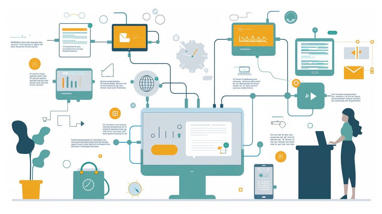 Illustration eines komplexen Netzwerks aus verschiedenen digitalen Tools und Diagrammen, die zur Verwaltung von Website und Social Media verwendet werden. Eine Person arbeitet an einem Computer, um die praktischen Tipps für die Umsetzung zu veranschaulichen.